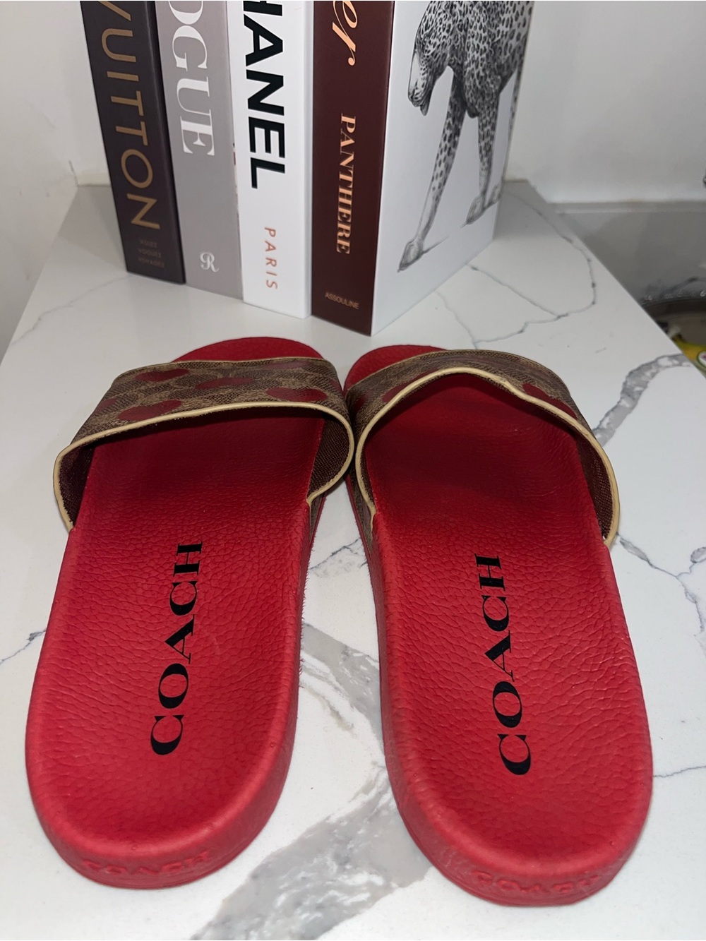 Coach Red Monogram Slide Sandals with Heart Print - Picture 4 of 7